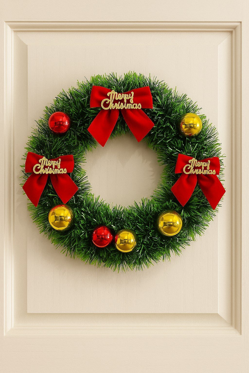 Yılbaşı Kapı Süsü Merry Christmas Çelenk 30 cm Kırmızı Kurdeleli Noel Dekoru