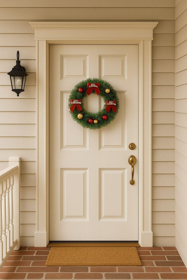 Yılbaşı Kapı Süsü Merry Christmas Çelenk 30 cm Kırmızı Kurdeleli Noel Dekoru