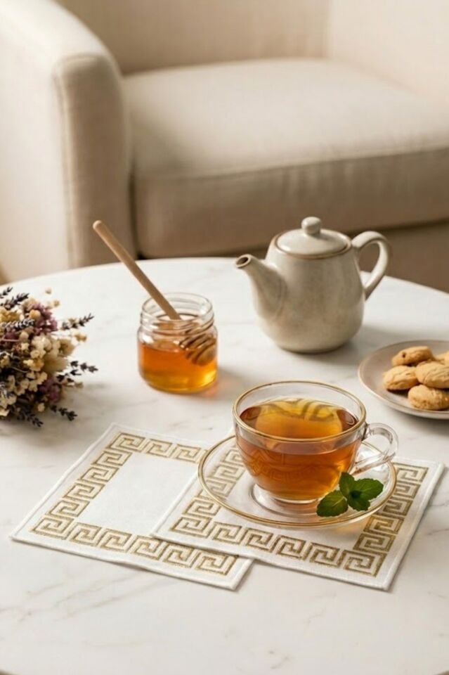 2'li Özel Tasarım Lavanta Nakışlı Ham Keten Kokteyl Peçetesi & Bardak Altlığı Sunum Seti (15x15 cm)-4