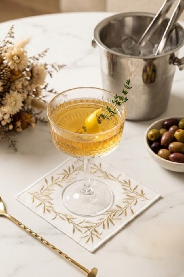 2'li Özel Tasarım Lavanta Nakışlı Ham Keten Kokteyl Peçetesi & Bardak Altlığı Sunum Seti (15x15 cm)-2