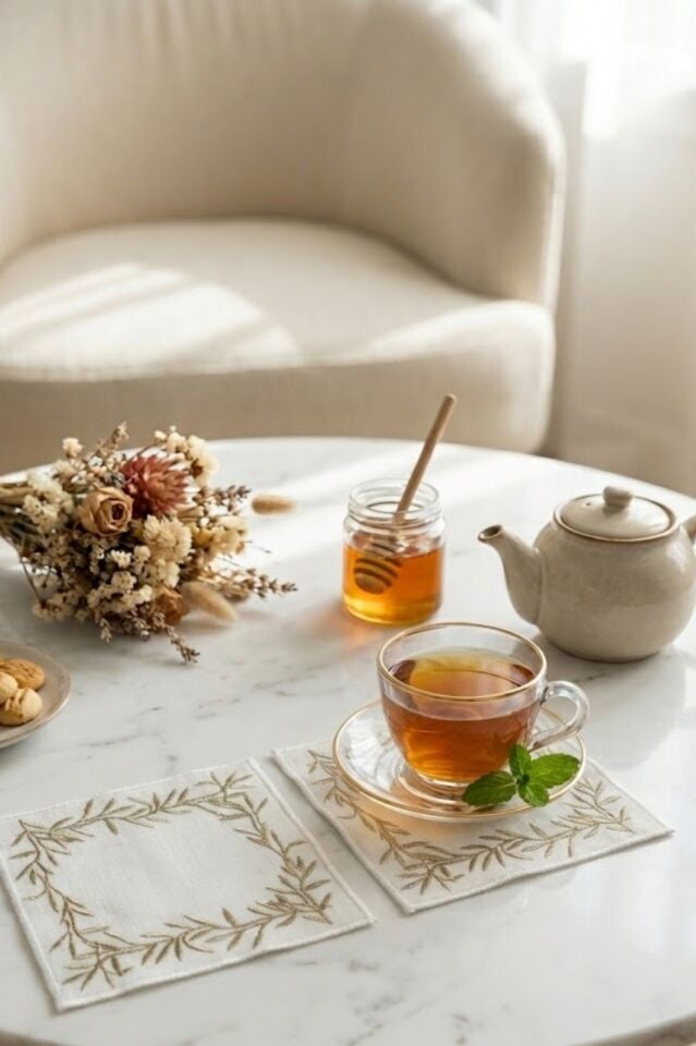 2'li Özel Tasarım Lavanta Nakışlı Ham Keten Kokteyl Peçetesi & Bardak Altlığı Sunum Seti (15x15 cm)-2