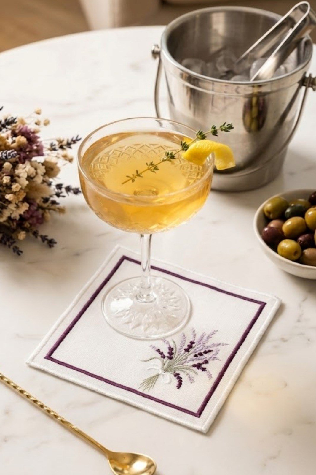 2'li Özel Tasarım Lavanta Nakışlı Ham Keten Kokteyl Peçetesi & Bardak Altlığı Sunum Seti (15x15 cm)-1