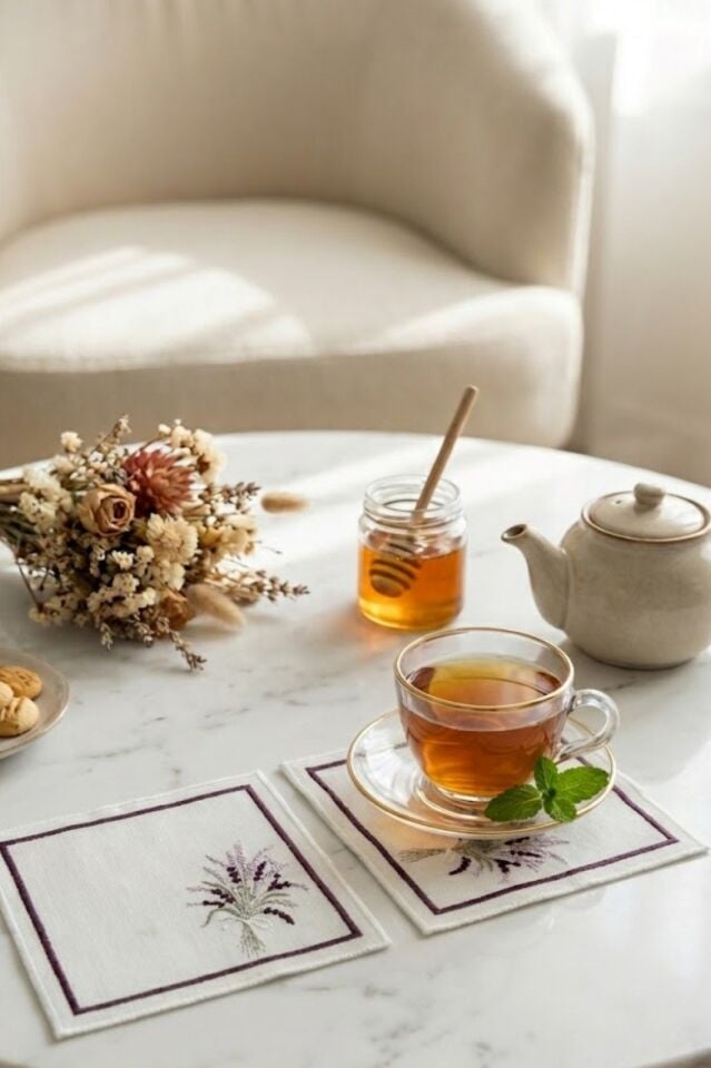 2'li Özel Tasarım Lavanta Nakışlı Ham Keten Kokteyl Peçetesi & Bardak Altlığı Sunum Seti (15x15 cm)-1