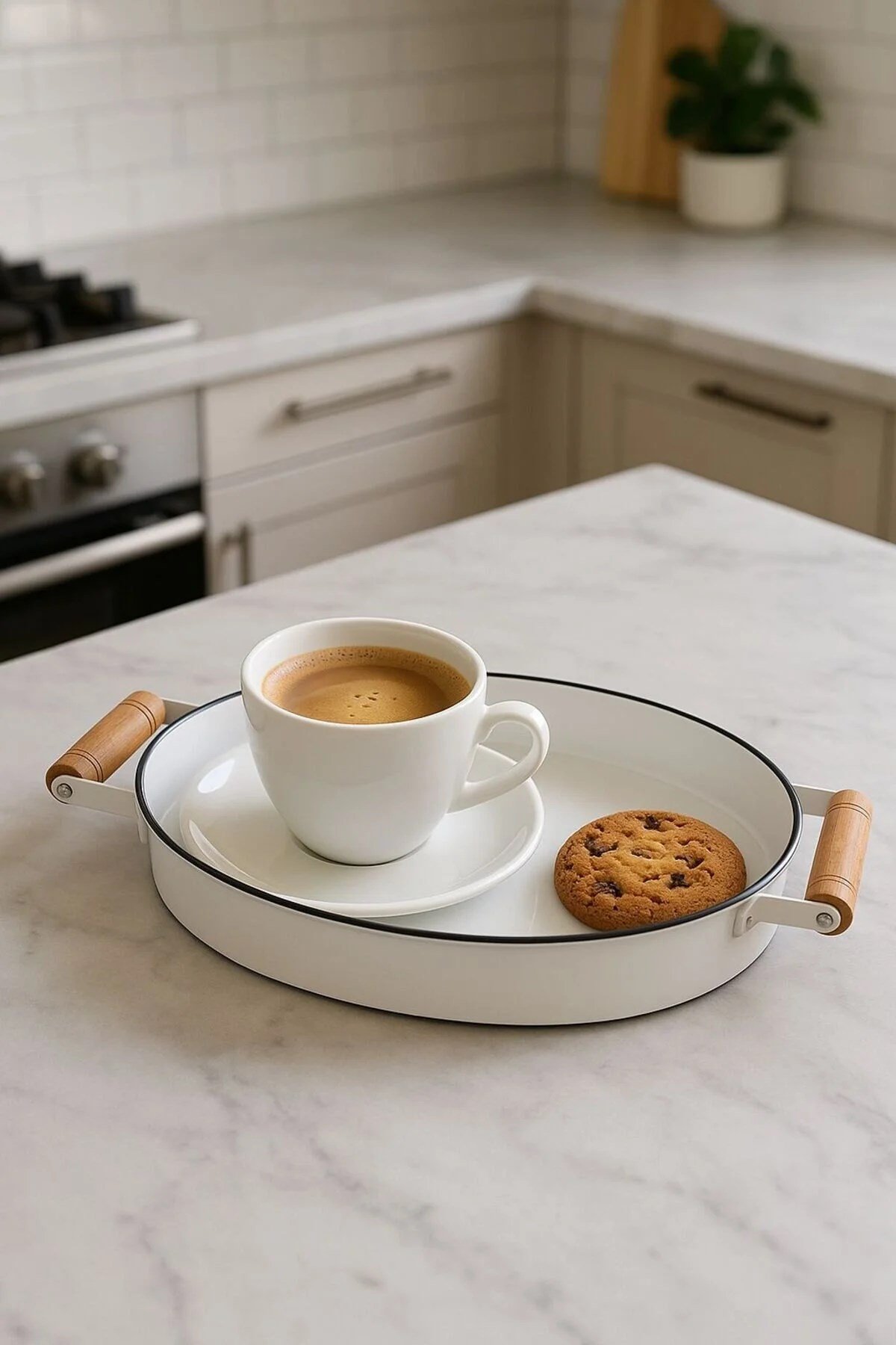 20 cm Ahşap Kulplu Country Tarzı Siyah Kenarlı Beyaz Küçük Boy Metal Tepsi