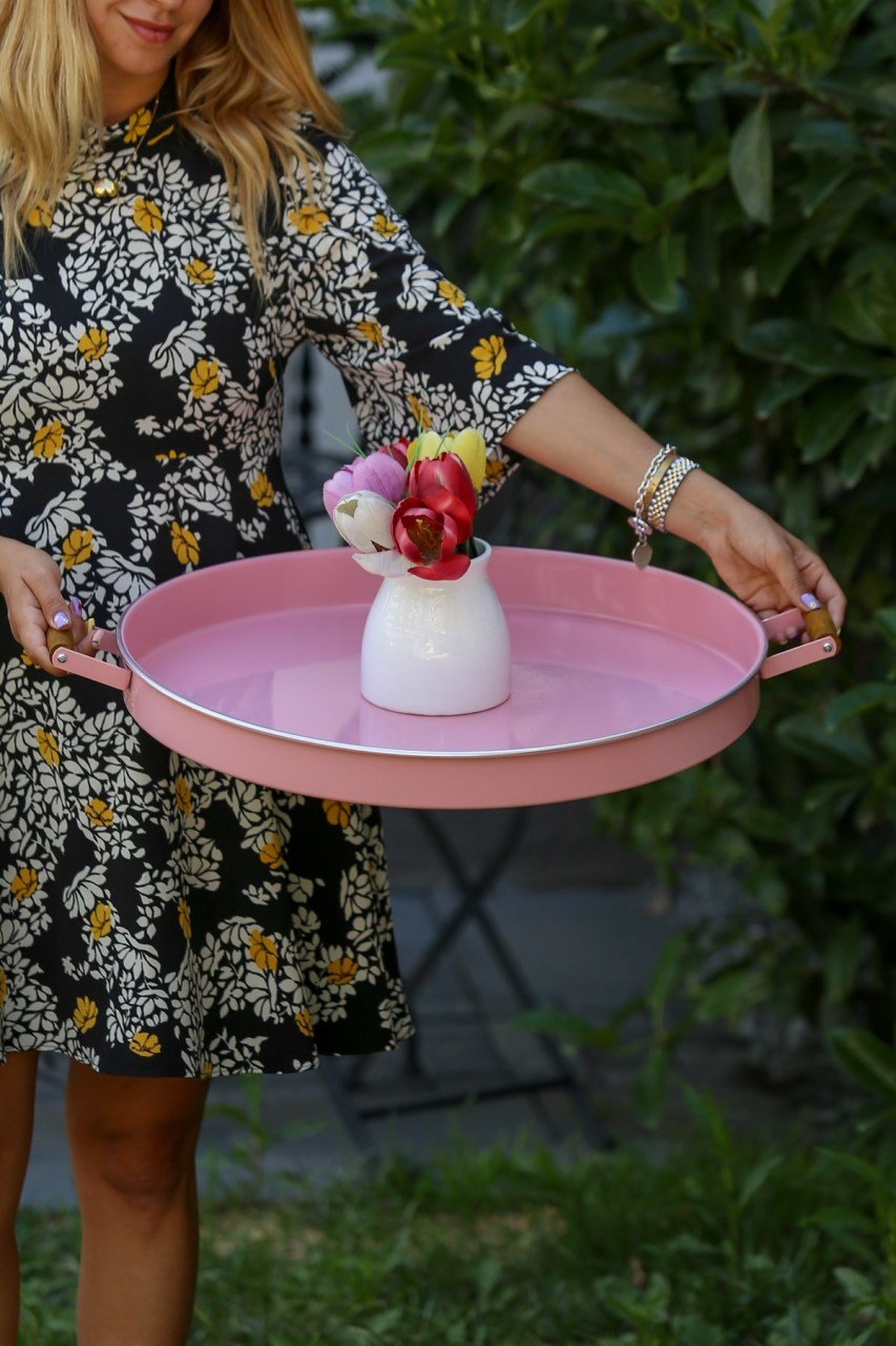 51 cm Country Tarzı Gümüş Kenarlı Pembe Büyük Boy Tepsi
