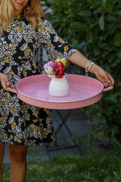 51 cm Country Tarzı Gümüş Kenarlı Pembe Büyük Boy Tepsi