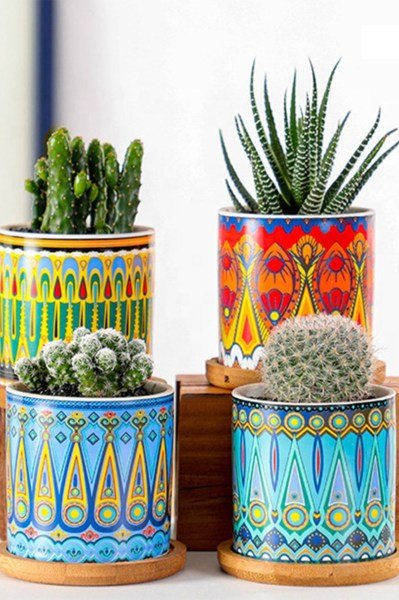 Arts BohemTarzı Mandala Kaktüs & Sukulent Saksı (4)