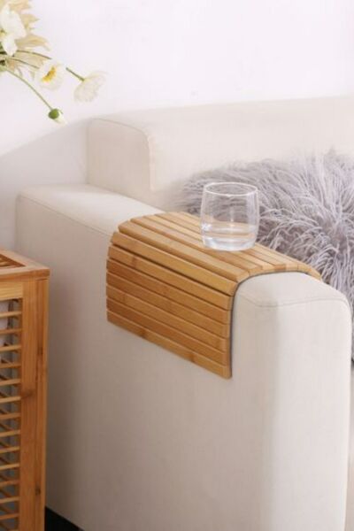 Büyük Boy Kahverengi Katlanır Bambu Koltuk Kenarı Kolçak Tepsisi 65x37 Cm