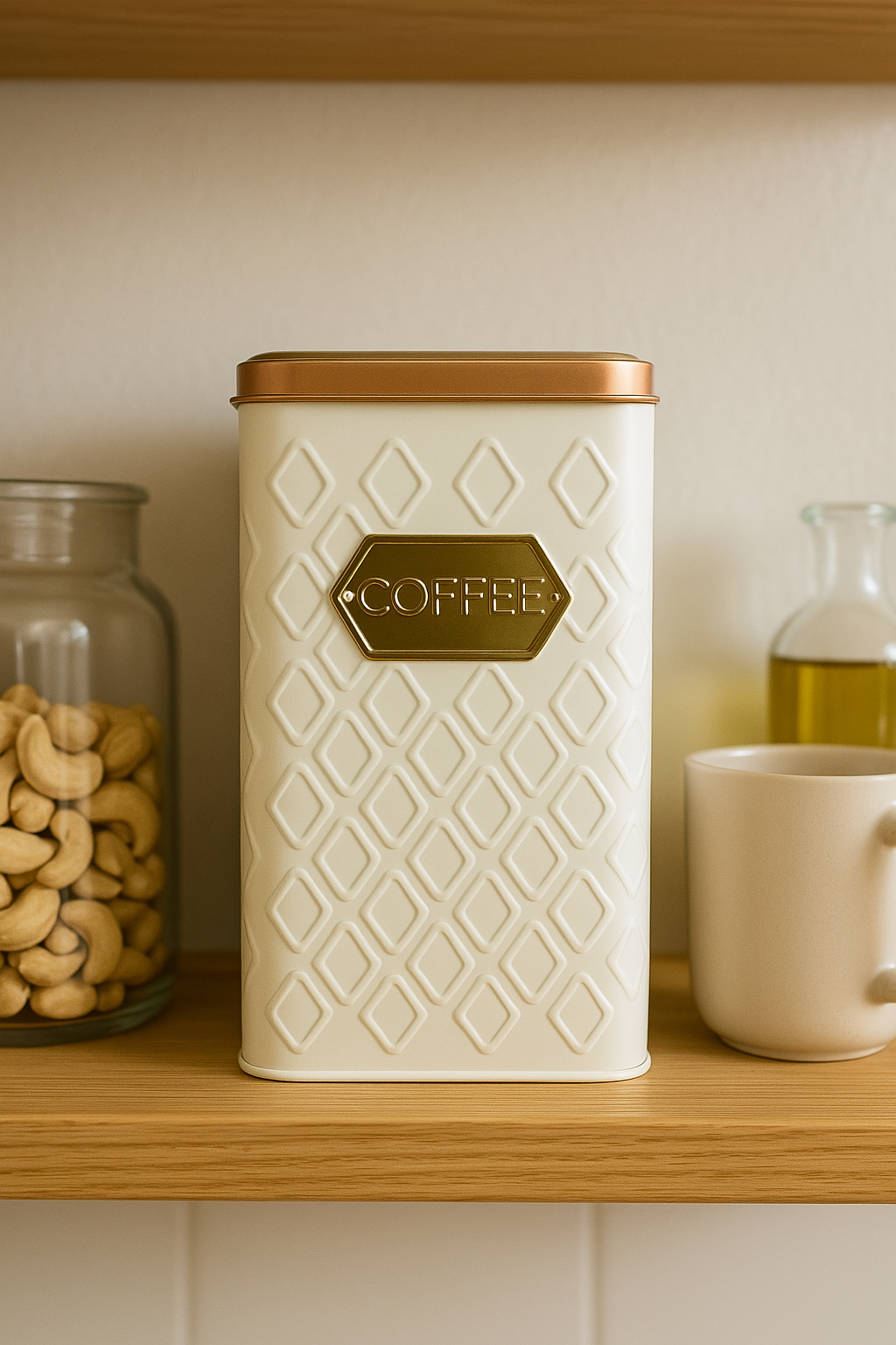 1 Adet Gofreli Beyaz & Gold Kahve Saklama Kavanozu 3 lt