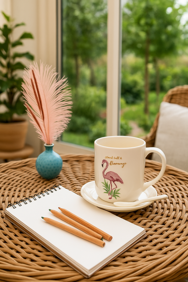 Flamingo Motifli Porselen Tabaklı Kupa Bardağı