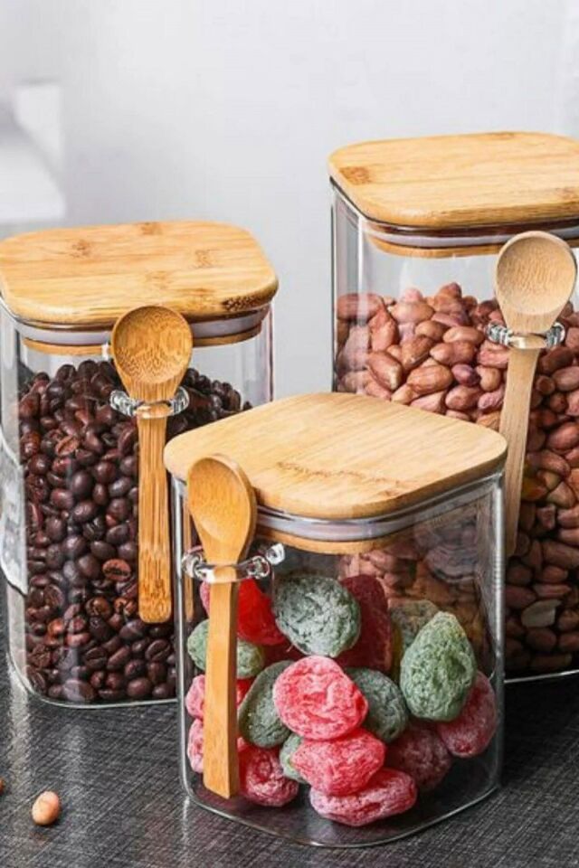 1 Adet Bambu Kapaklı Kaşıklı  Cam Kavanoz 750 ml