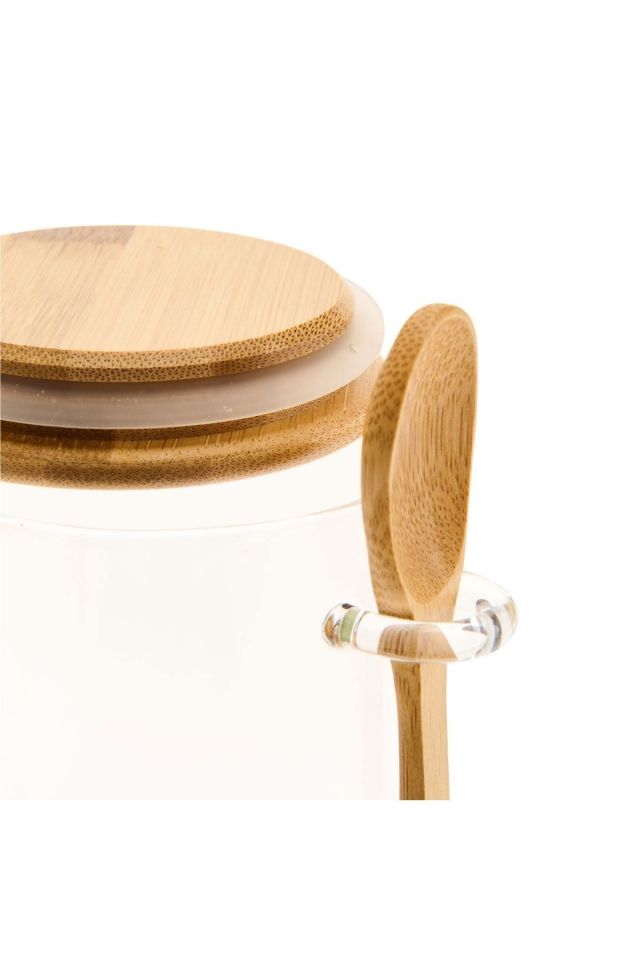 1 Adet Bambu Kapaklı Kaşıklı  Cam Kavanoz 750 ml