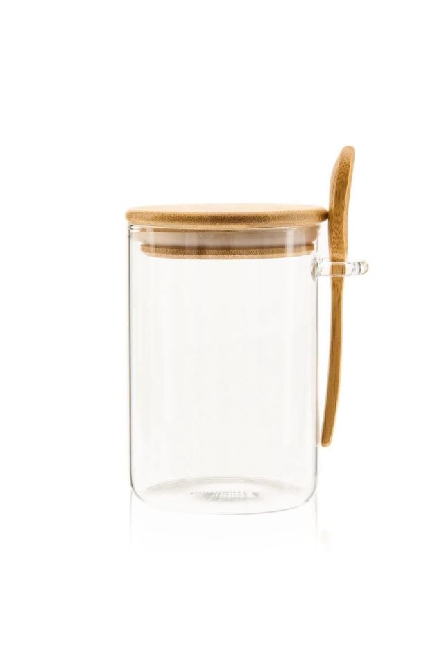 1 Adet Bambu Kapaklı Kaşıklı  Cam Kavanoz 750 ml