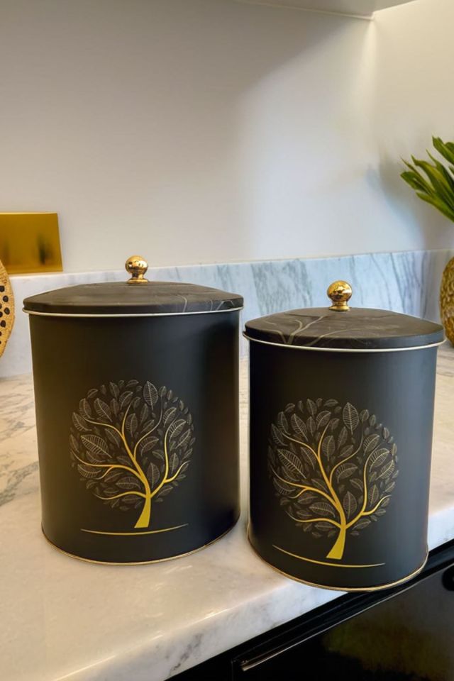 2'li Siyah & Gold Ağaç Desenli Metal Patates ve Soğanlık Kovası Sebzelik Sepeti 28*22-25*19
