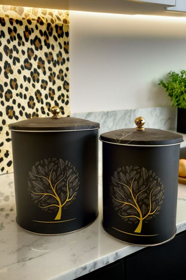 2'li Siyah & Gold Ağaç Desenli Metal Patates ve Soğanlık Kovası Sebzelik Sepeti 28*22-25*19