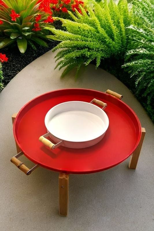 2'li Ahşap Bacaklı Kırmızı ve Beyaz Tepsi & Yer Sofrası (51*26 cm)