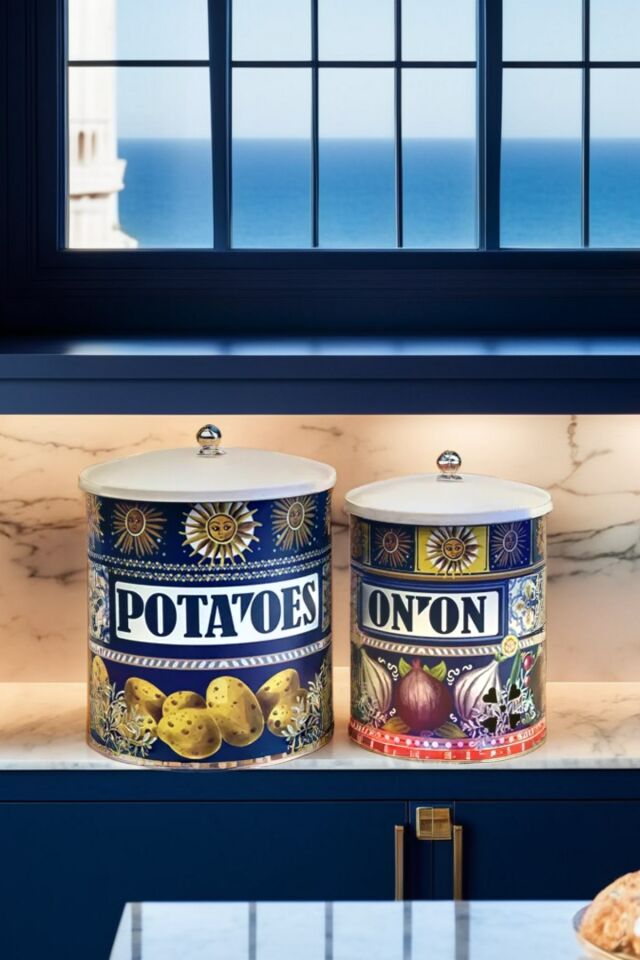 La Dolce Vita Sicilya Esintili Lacivert Metal Patates Soğan Kovası & Sebzelik 28*22-25*18 (2)