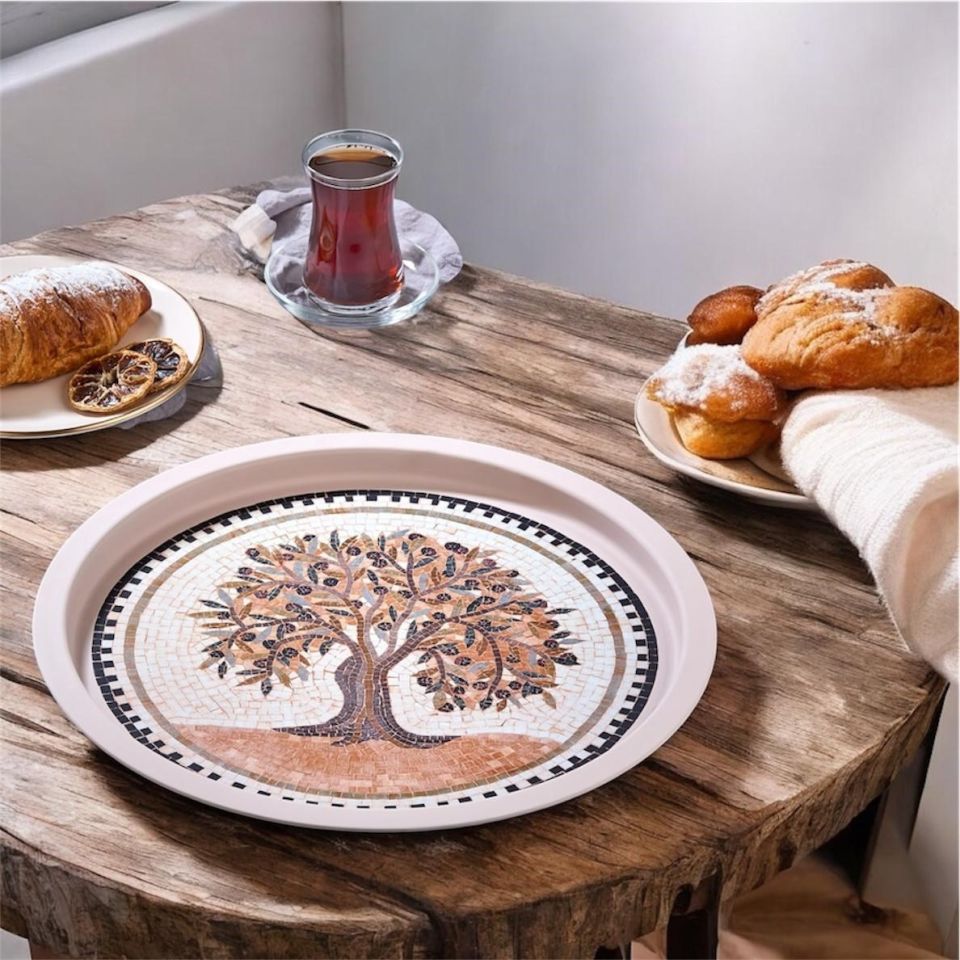 Mozaik Desenli Zeytin Ağacı Temalı Dekoratif Tepsi 35 cm