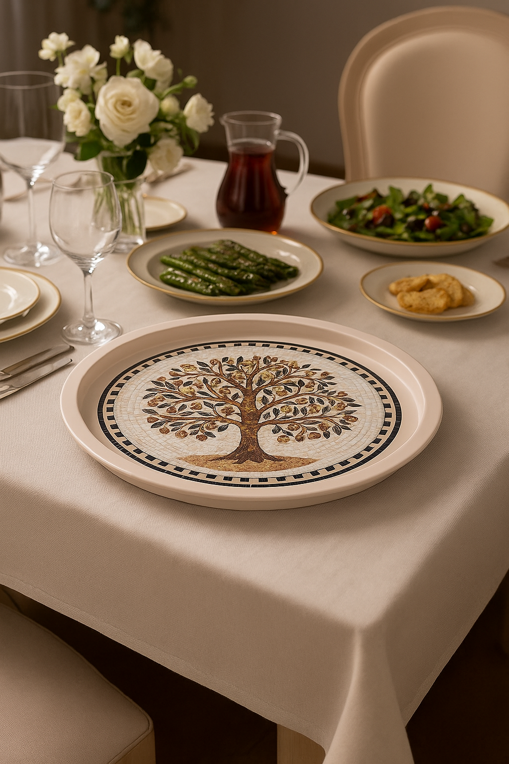 Mozaik Desenli Zeytin Ağacı Temalı Dekoratif Tepsi 35 cm