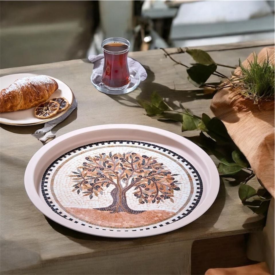 Mozaik Desenli Zeytin Ağacı Temalı Dekoratif Tepsi 35 cm
