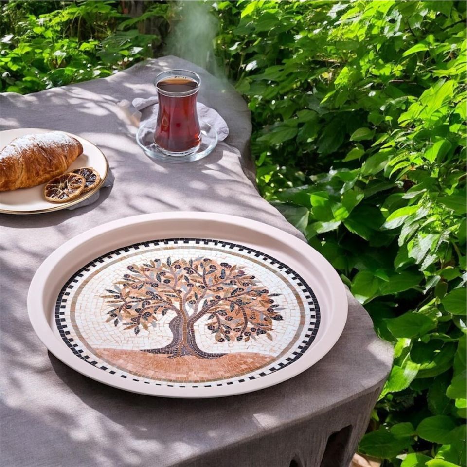 Mozaik Desenli Zeytin Ağacı Temalı Dekoratif Tepsi 35 cm