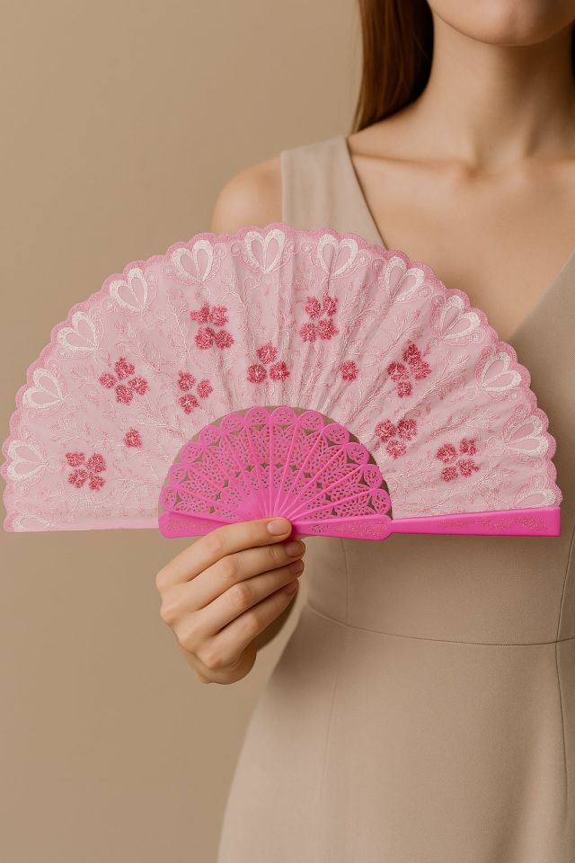 Pembe Dantelli Gelin Yelpazesi – Kına, Düğün, Bekarlığa Veda, Nedime Aksesuarı (42x24 cm