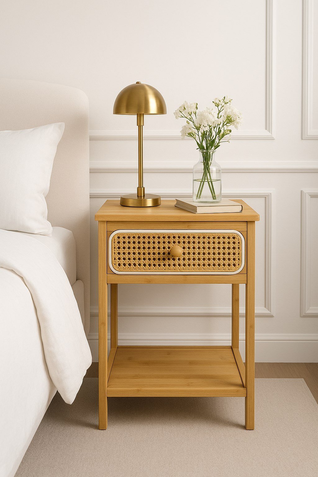 Rattan Kapaklı Bambu Yatak Başı Komodin 40*35*60 Cm